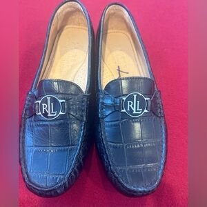 Ralph Lauren Black Croc-Embossed Leather Loafers with RL Medallion